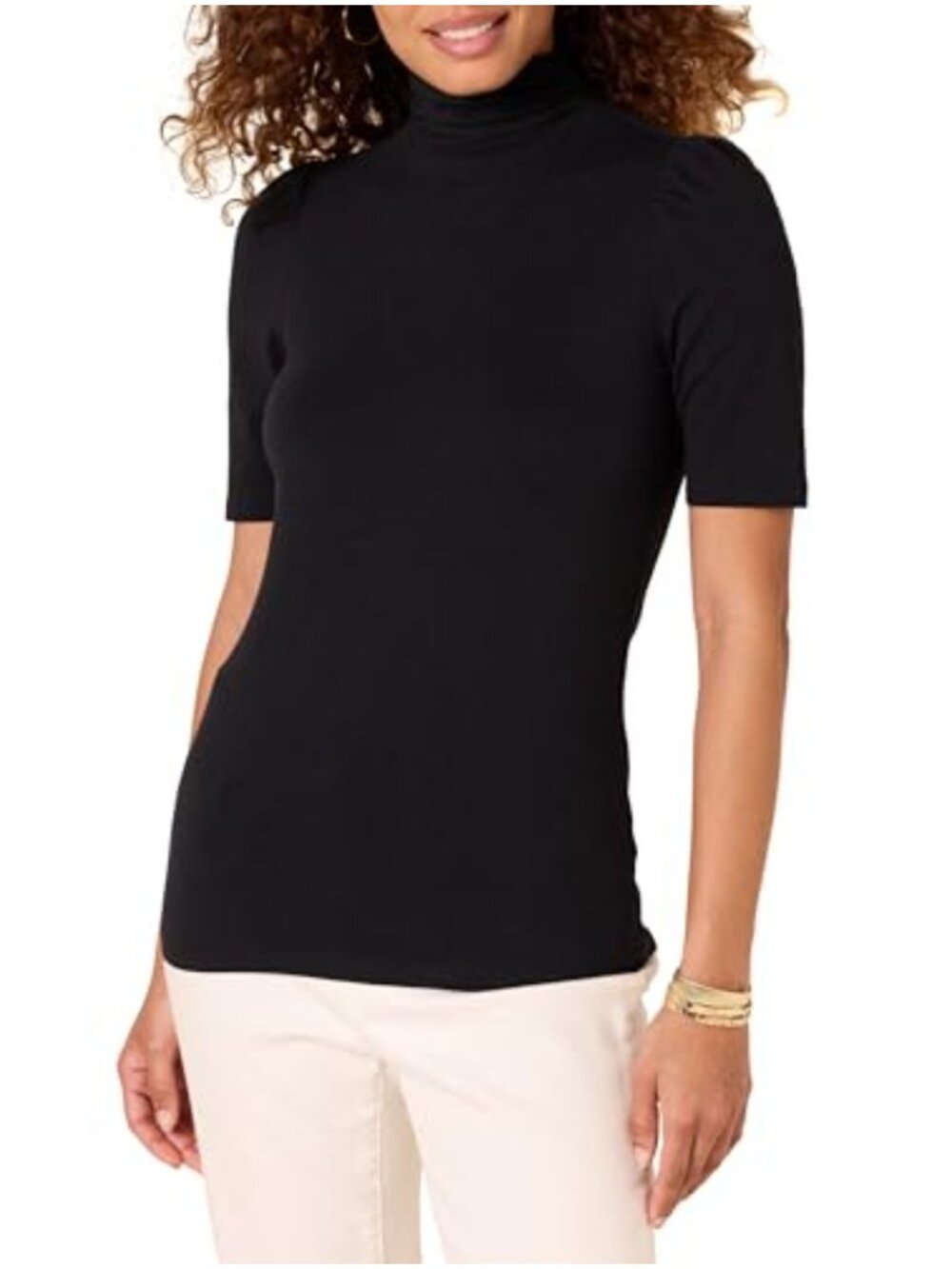 Cotton Modal Draped Puff Sleeve Turtleneck T-Shirt Womens Top
